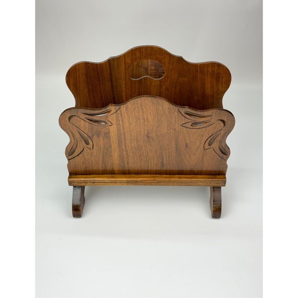 Antique Vintage Carved Wooden Leaf Detail 2 Slot Magazine Rack Built-in Handle
